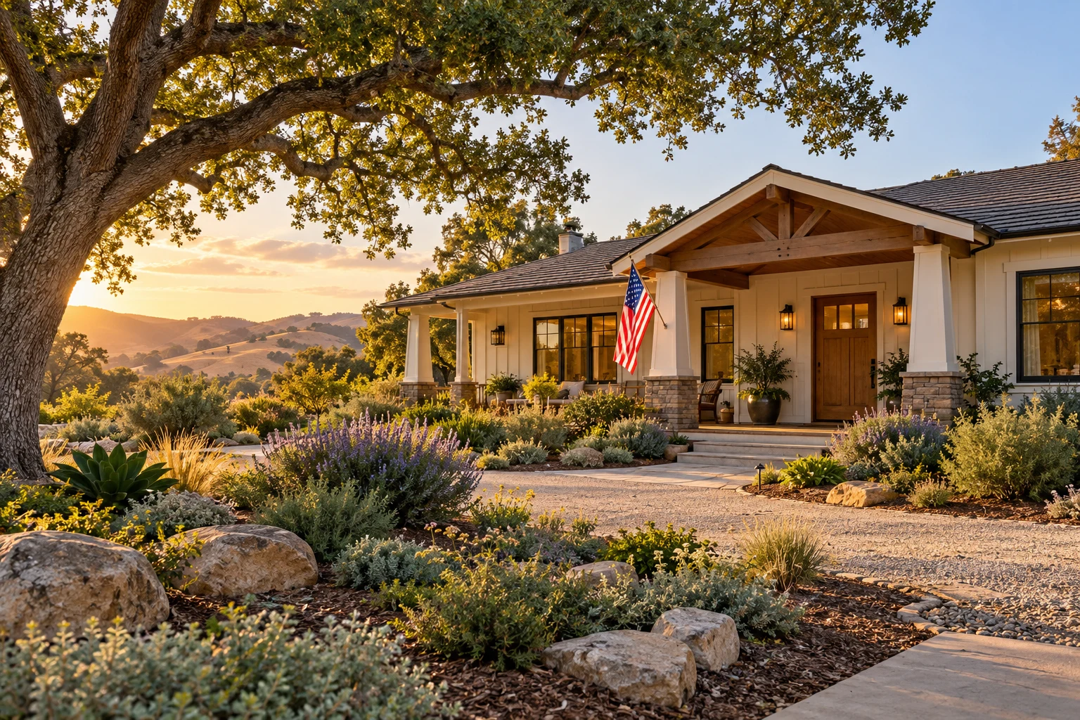 Illustration of a welcoming California home beneath an oak tree with an American flag on the porch